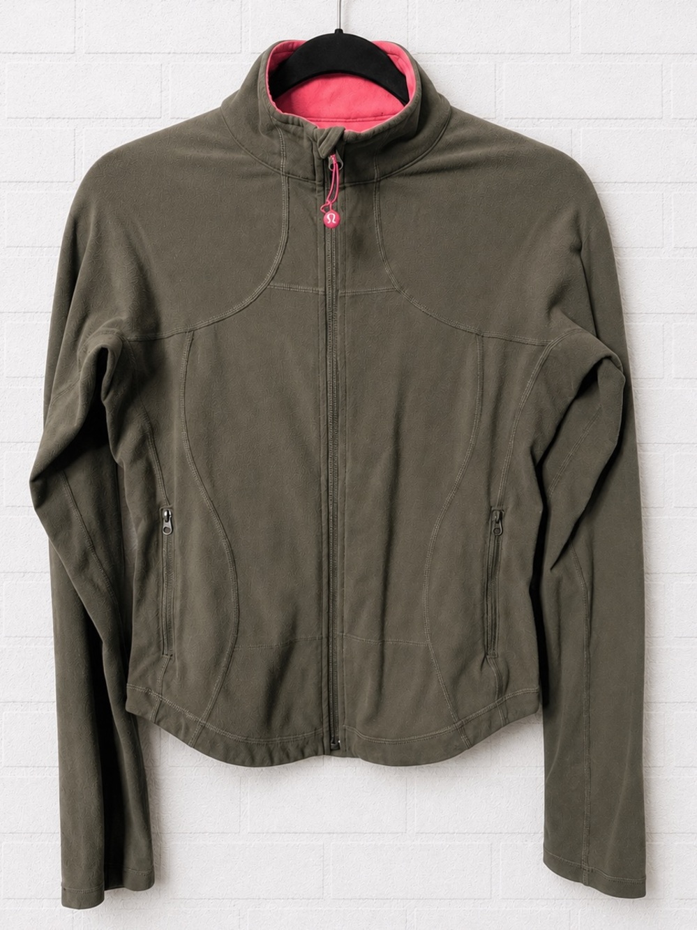 Lululemon Sport Chic Light Olive Green Pink Full Zip Fleece Jacket Size 6